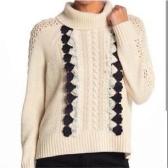 J Crew Cream wool blend cable knit sweater with navy ruffles XS - Picture 2 of 11